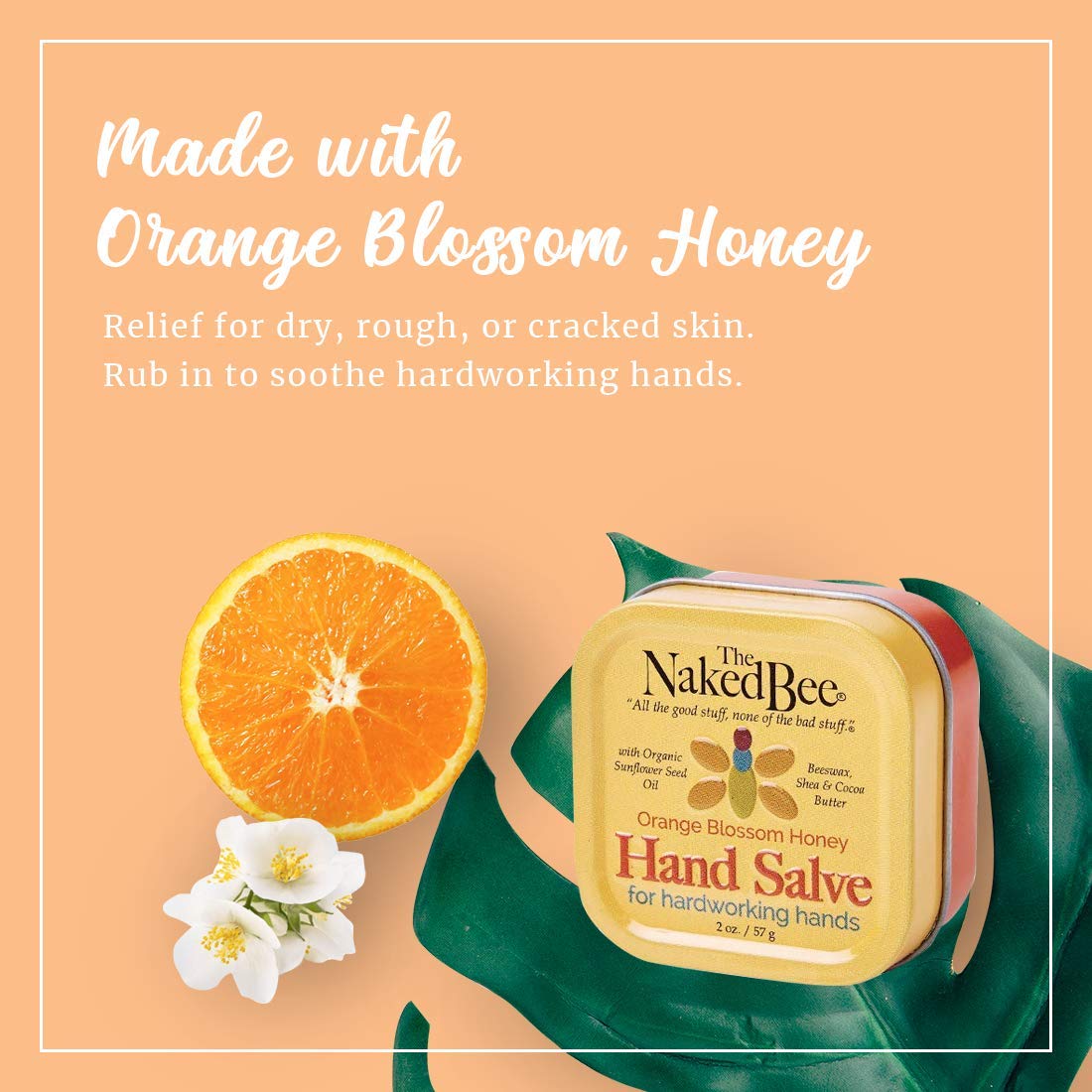 Close-up of The Naked Bee tin label highlighting brand and orange blossom scent