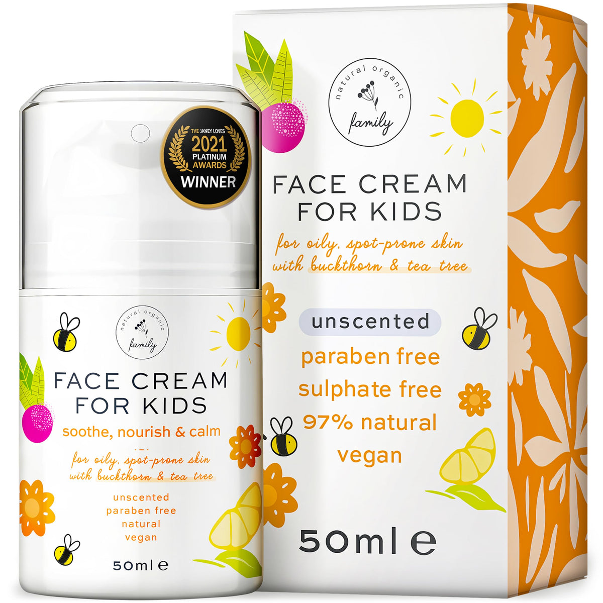 The Natural and Organic Family front packaging showing product benefits and child-safe design