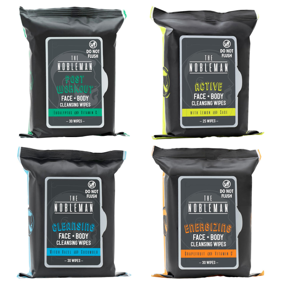 The Nobleman front view of four aloe-infused wipe packs showing labels and count, convenient storage