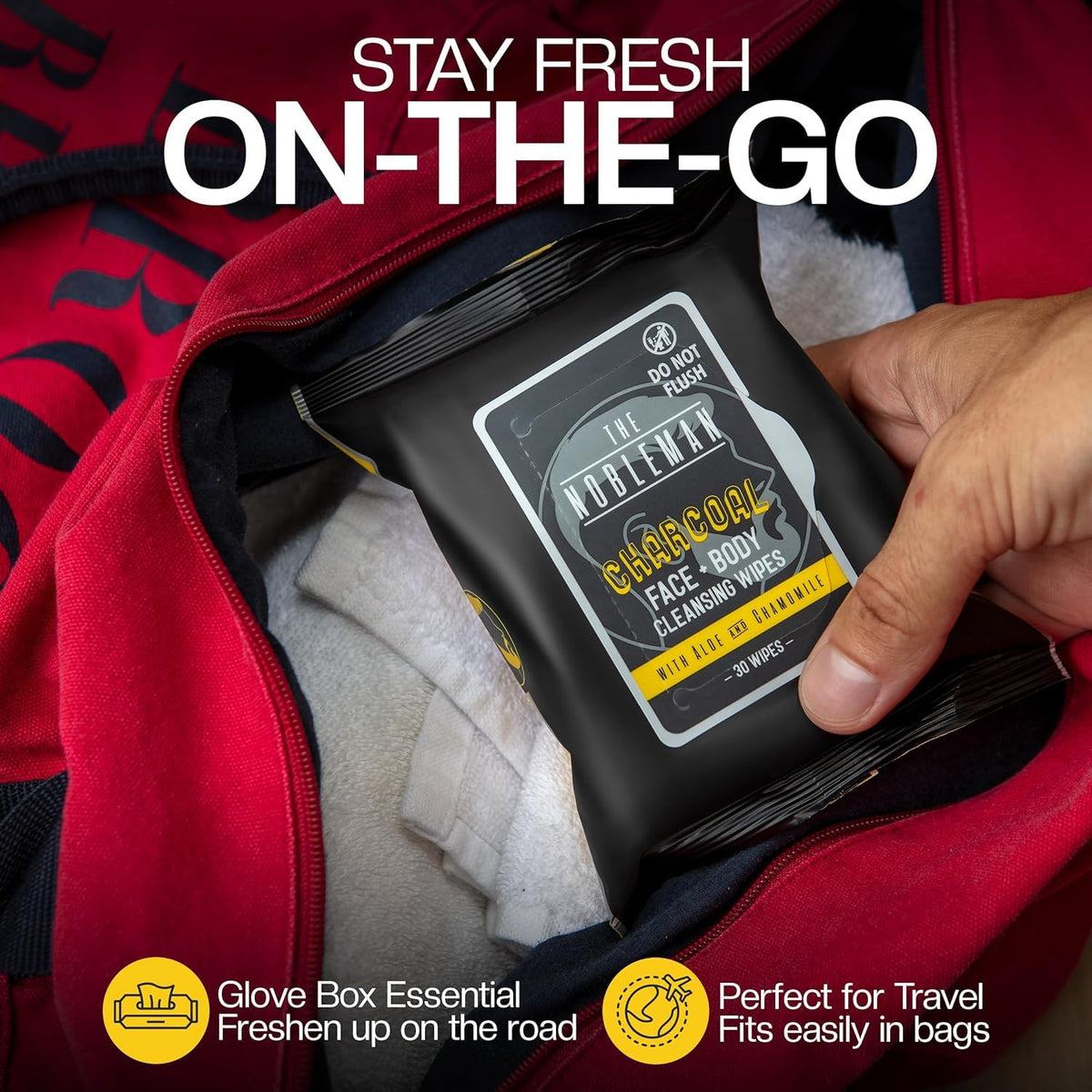 The Nobleman lifestyle gym bag scene showing wipes ready for post-workout freshness