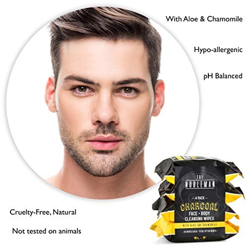 Label detail showing charcoal, aloe, and chamomile on The Nobleman pack highlighting soothing formula