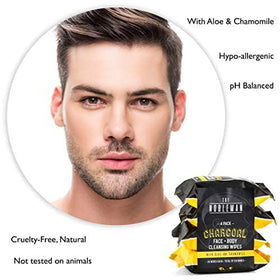 Label detail showing charcoal, aloe, and chamomile on The Nobleman pack highlighting soothing formula
