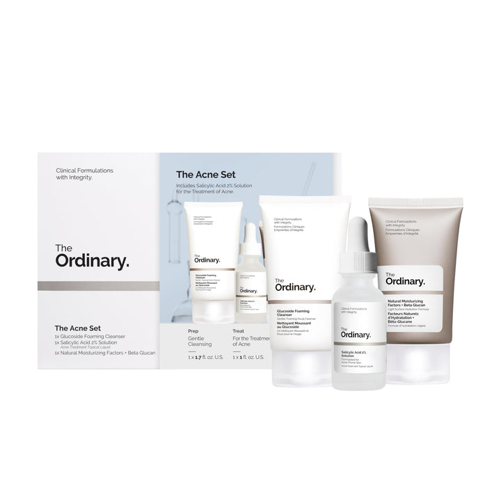 The Ordinary Acne Set front packaging showing three products for a clear routine