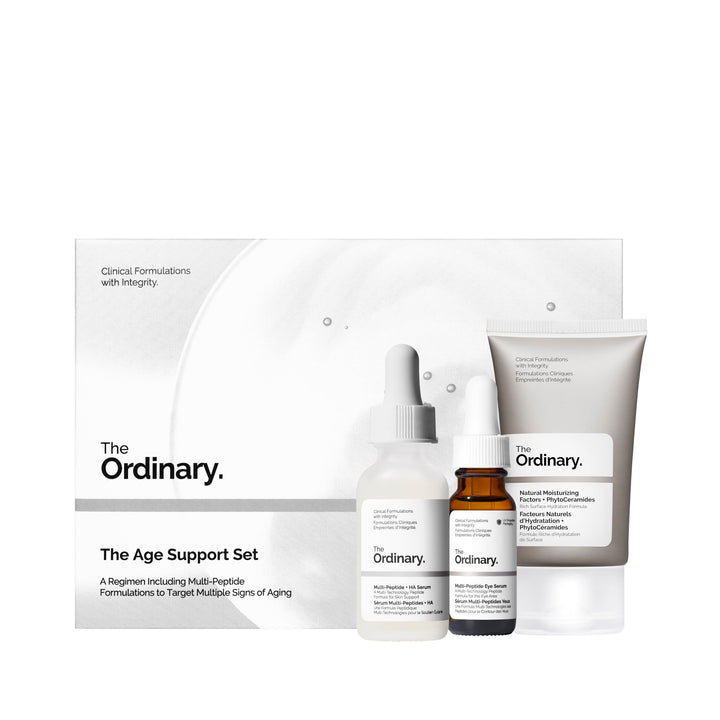 The Ordinary front packaging of the Age Support Set showing full trio benefits