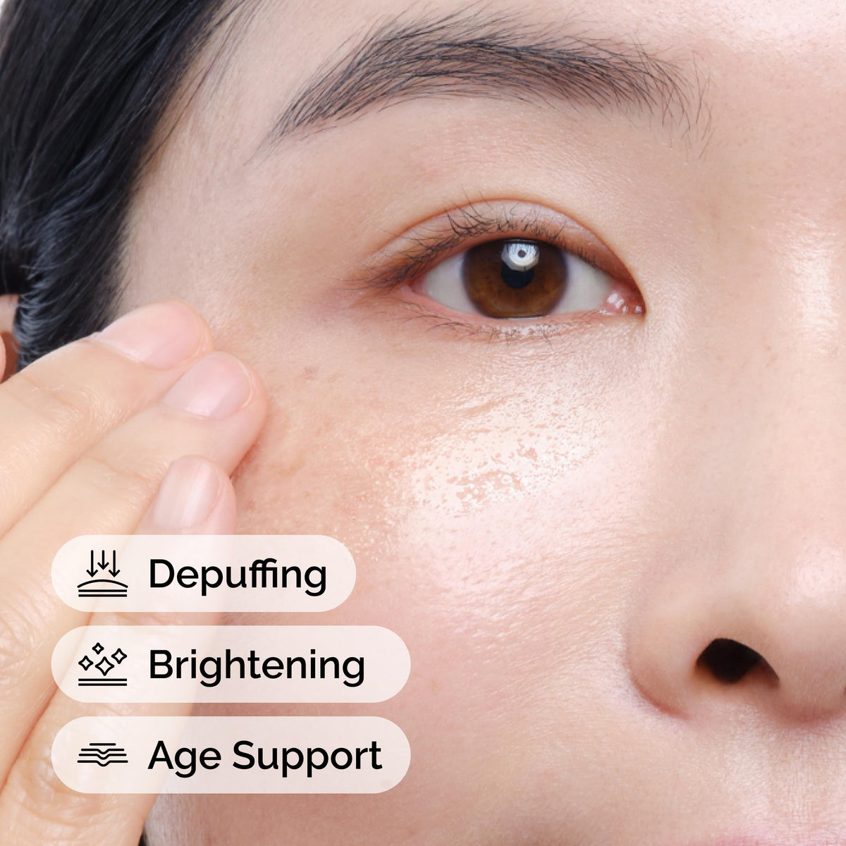 The Ordinary eye serum in use being gently patted under the eye for smoother skin
