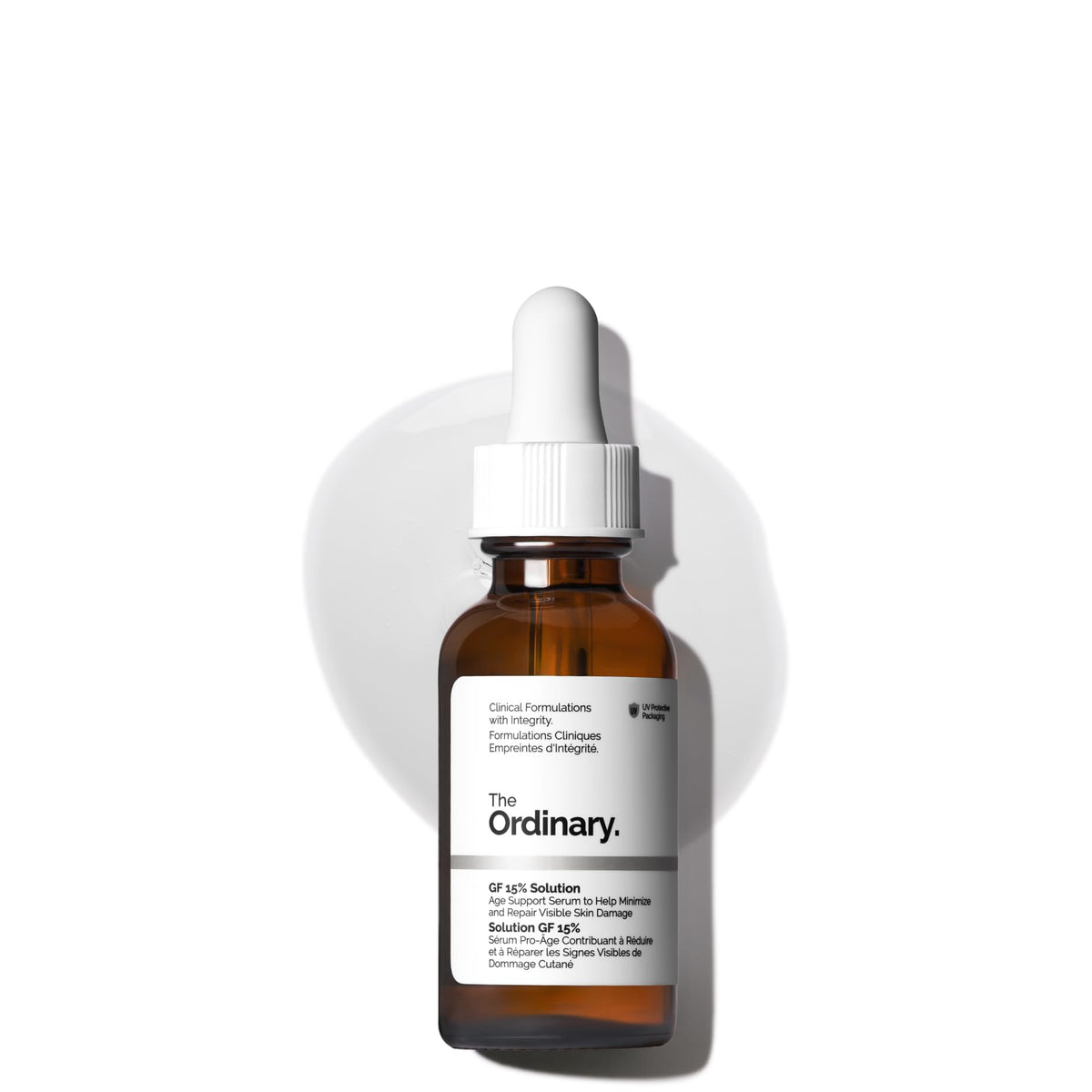 The Ordinary GF 15% front packaging showing bottle and dropper, conveys credibility
