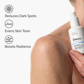 The Ordinary bottle pump dispensing emulsion with measured drop, aiding controlled use
