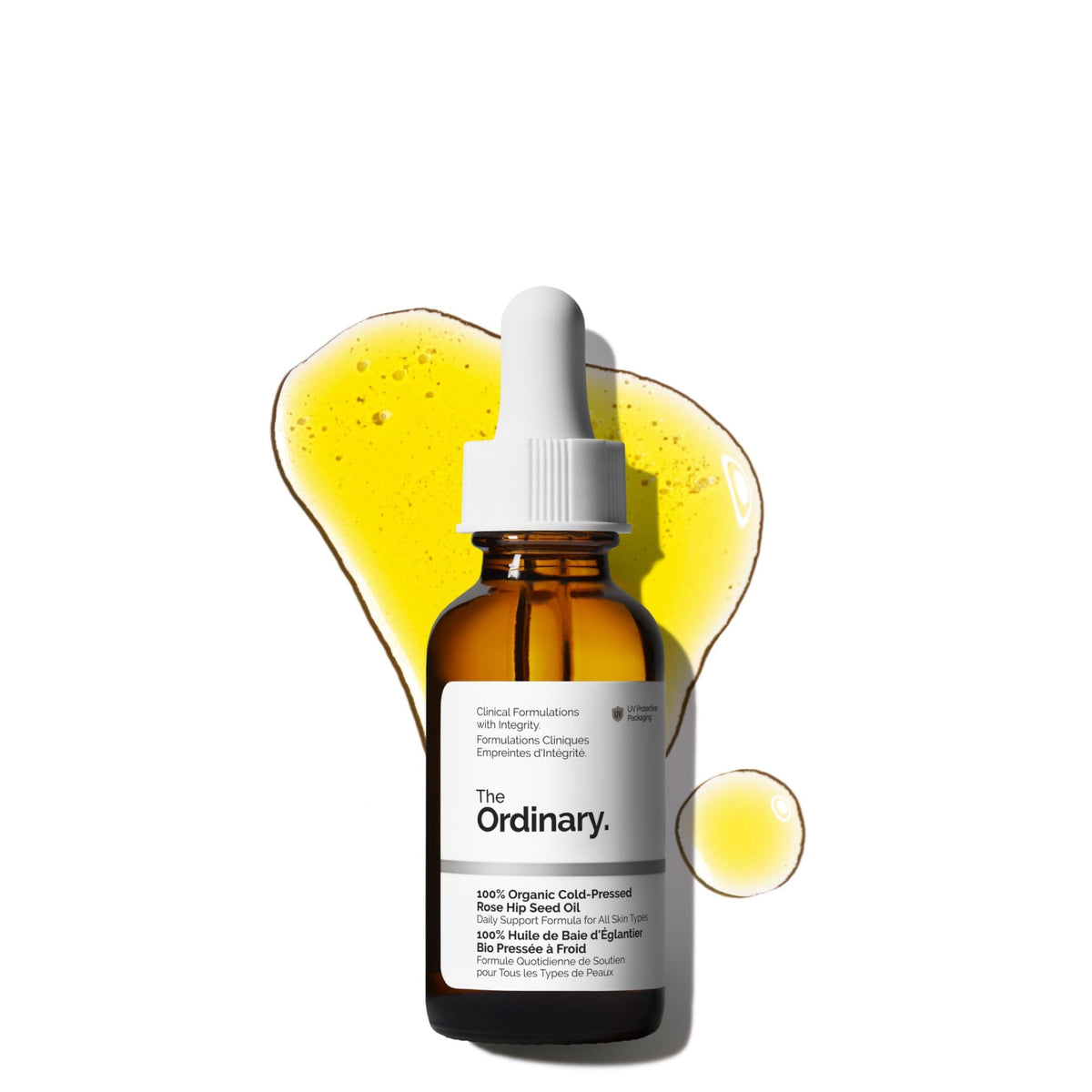 The Ordinary front bottle showing label and organic rosehip oil benefits