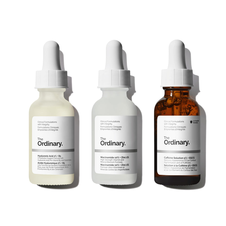 The Ordinary set front packaging showing all three serums and benefits