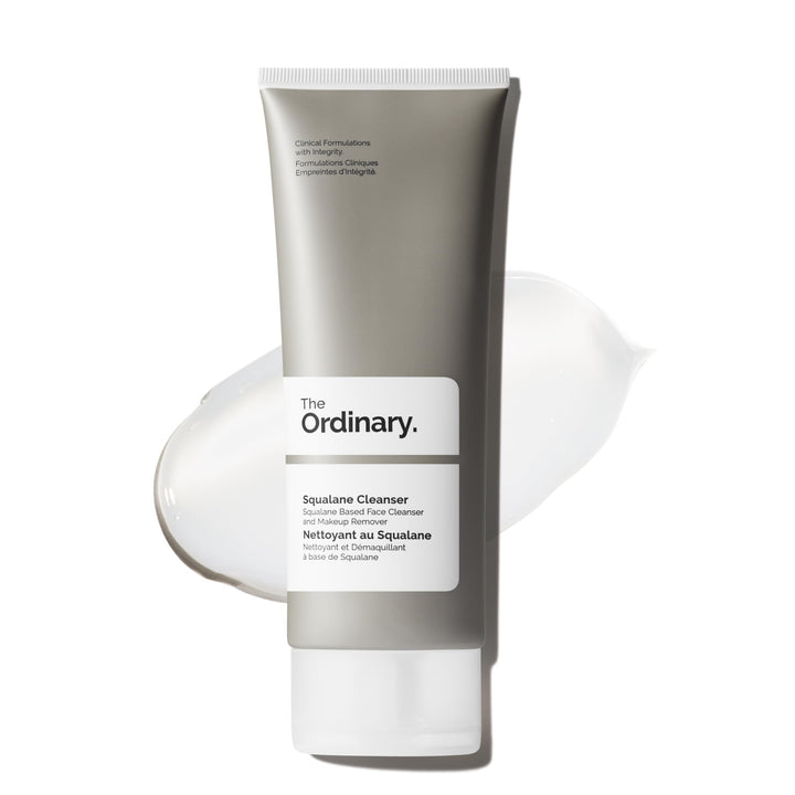 The Ordinary squalane cleanser bottle front view showing packaging and size benefit