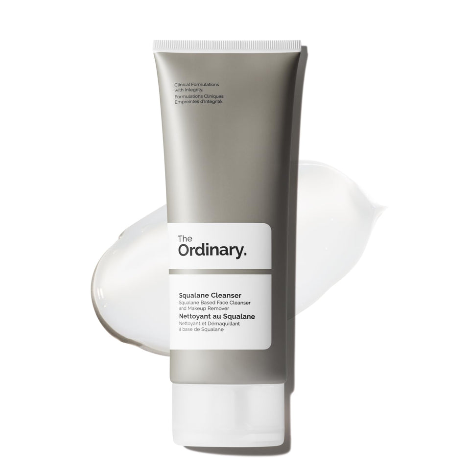 The Ordinary squalane cleanser bottle front view showing packaging and size benefit