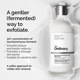 The Ordinary saccharomyces ferment toner on bathroom shelf implying routine integration and hydration
