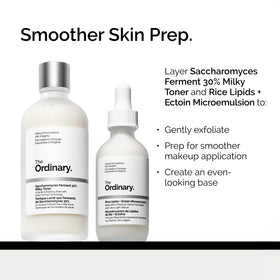 The Ordinary saccharomyces ferment toner with ingredient cards flatlay showing ferment and NAG benefits