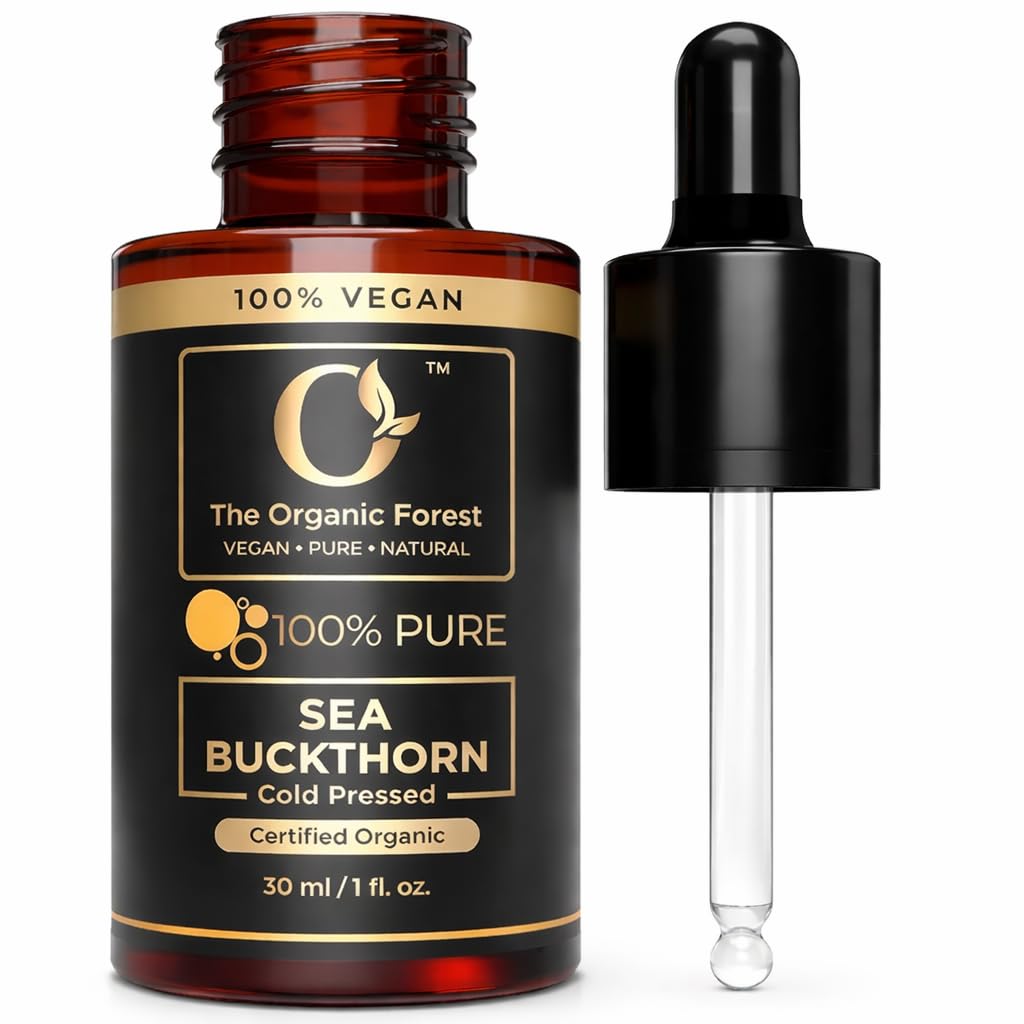The Organic Forest front bottle showing pure sea buckthorn oil and natural packaging benefit