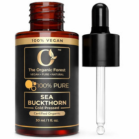 The Organic Forest front bottle showing pure sea buckthorn oil and natural packaging benefit