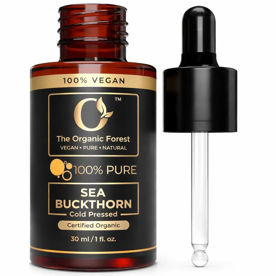 The Organic Forest front bottle showing pure sea buckthorn oil and natural packaging benefit