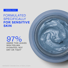 Mask applied to cheek showing The Outset gentle coverage and calming finish