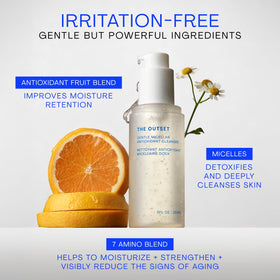 The Outset cleanser in use on face removing makeup gently without tugging