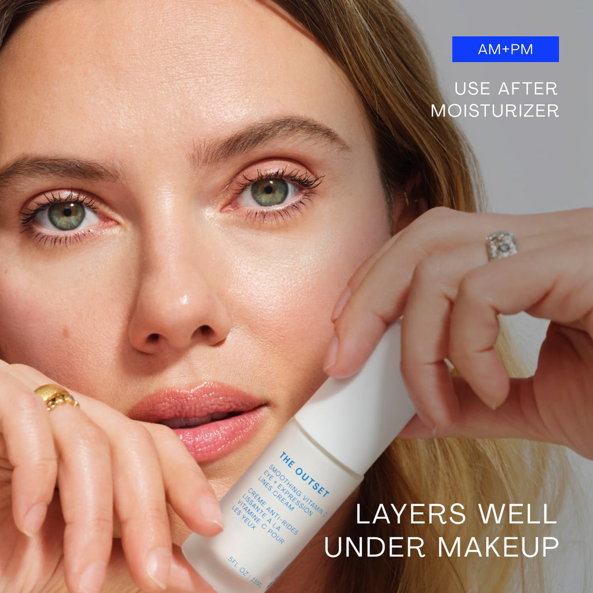 The Outset bottle next to makeup illustrating smooth layering under cosmetics
