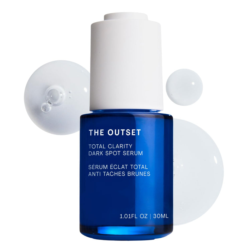 The Outset front bottle showing elegant label and brightening serum benefit