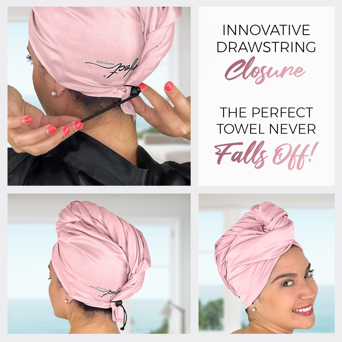 THE PERFECT HAIRCARE woman wrapping hair after shower for faster drying
