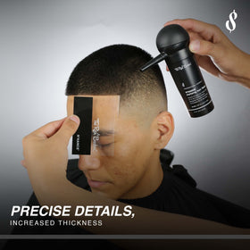 The Rich Barber keratin-infused fiber spray close-up showing spray texture