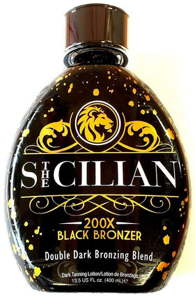 The Sicilian 200X front packaging showing deep bronzer, clear branding and benefit