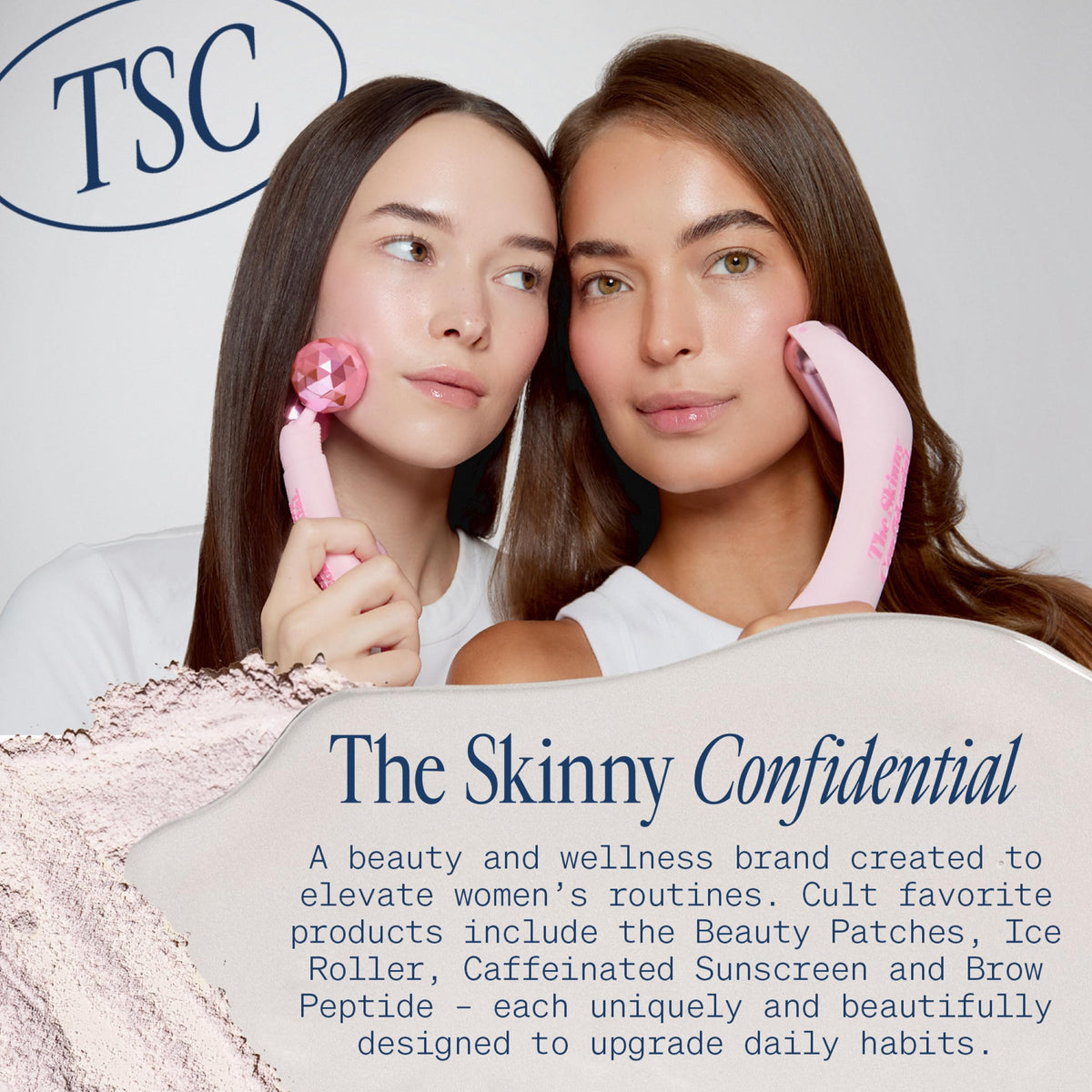 Bathroom vanity scene with The Skinny Confidential serum ready for daily routine