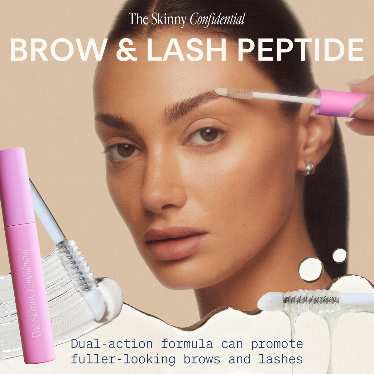 The Skinny Confidential wand applying serum to brows for precise grooming and hold