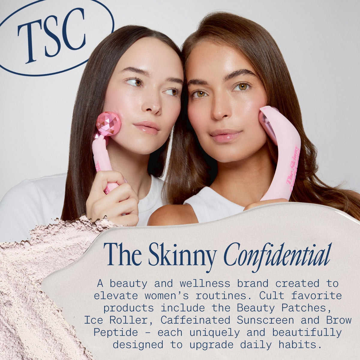 Bathroom counter with The Skinny Confidential towels displaying tidy, hygienic routine
