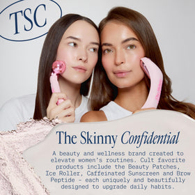 Bathroom counter with The Skinny Confidential towels displaying tidy, hygienic routine