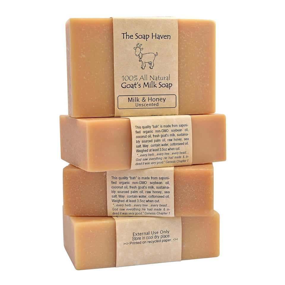 The Soap Haven front packaging showing goat milk and honey benefits