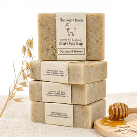 The Soap Haven front packaging showing four natural soap bars and benefits