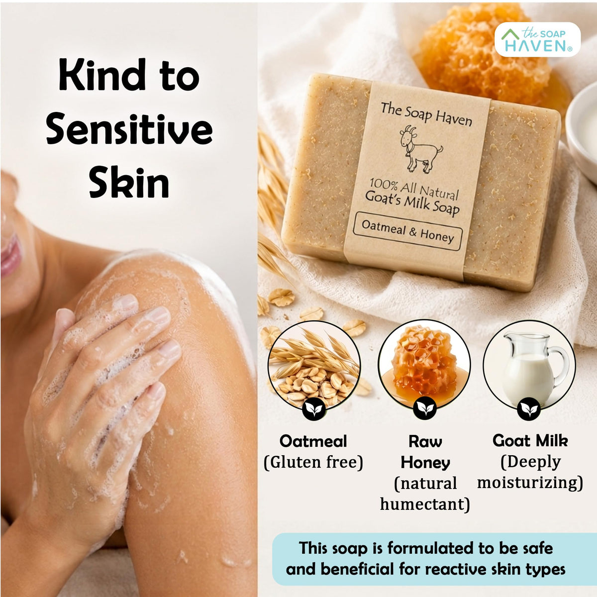 Label close-up on The Soap Haven bar listing unscented, SLS-free ingredients benefit