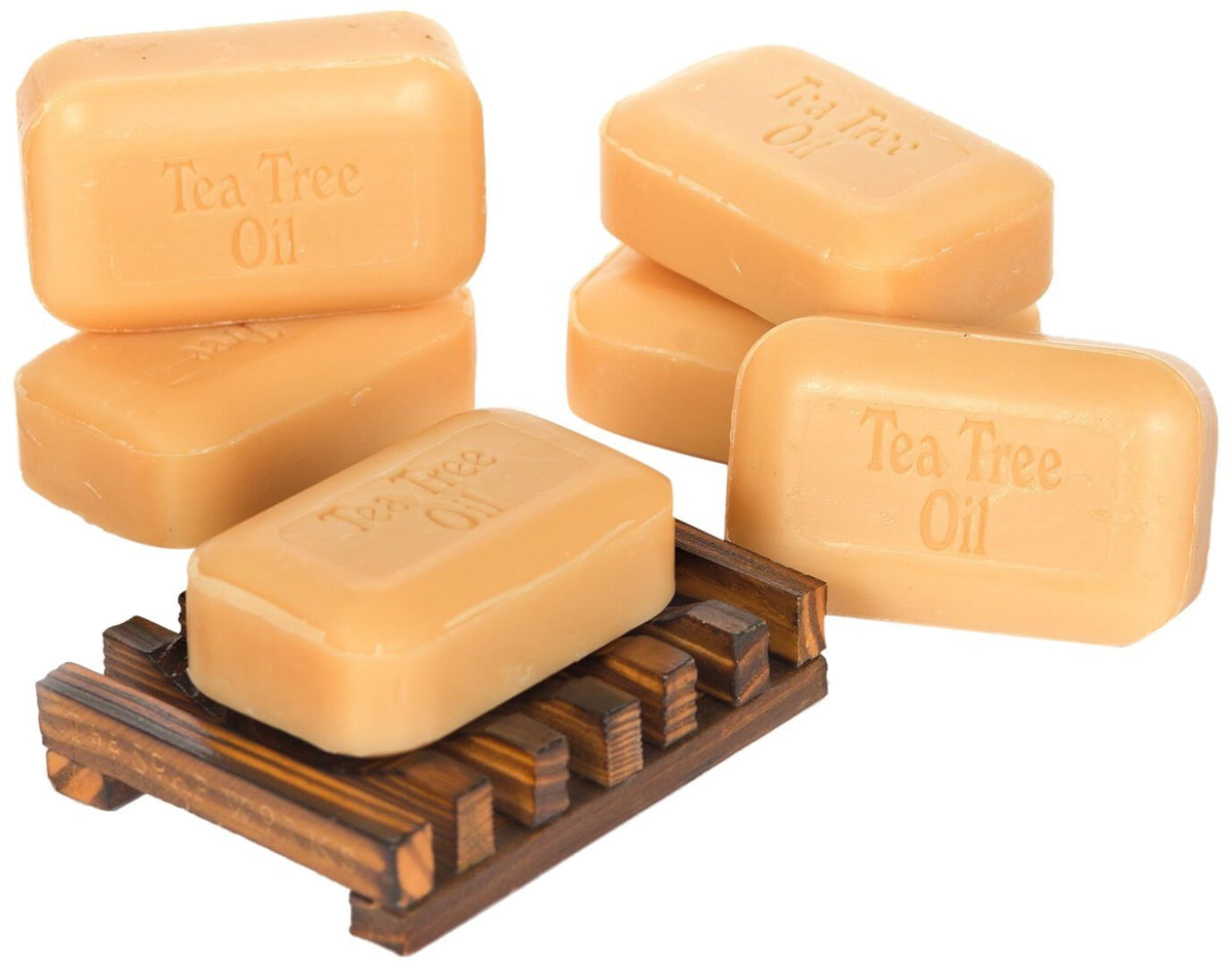 THE SOAP WORKS front packaging showing six tea tree bars with wood dish, highlights freshness