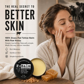 Applying The Tallowed Truth balm to cheek demonstrating lightweight hydration and soothing effect