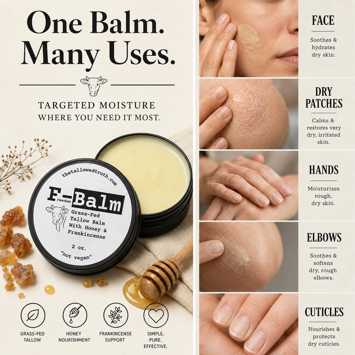 The Tallowed Truth open jar texture close-up showing creamy absorbent balm