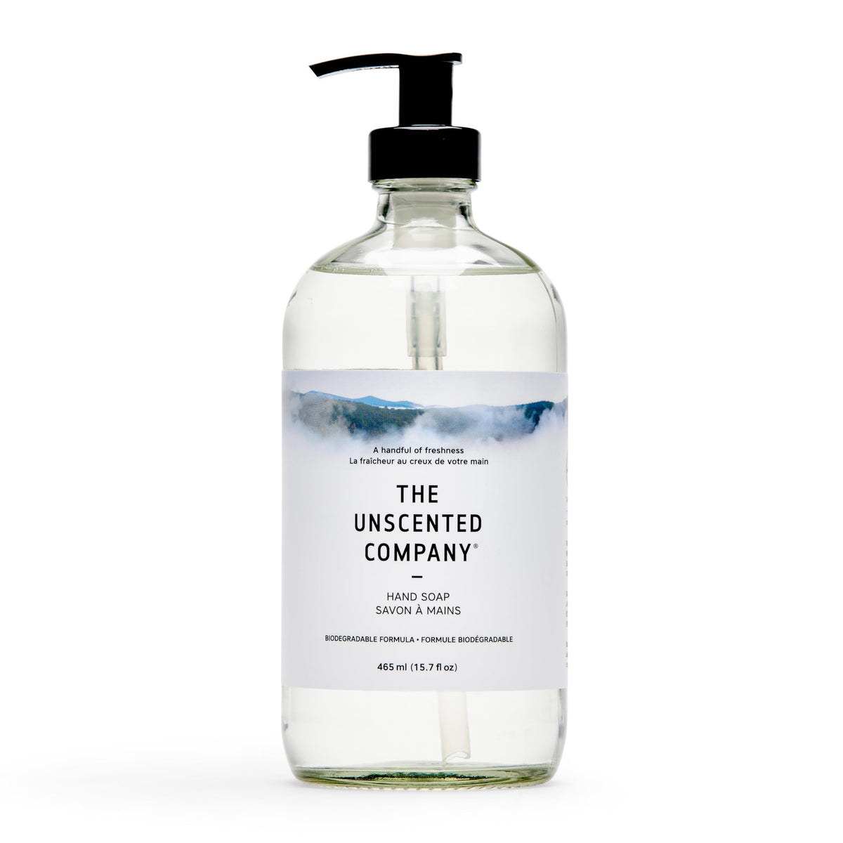 The Unscented Company front glass bottle showing label and pump for clean aesthetic