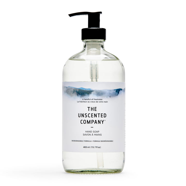 The Unscented Company front glass bottle showing label and pump for clean aesthetic