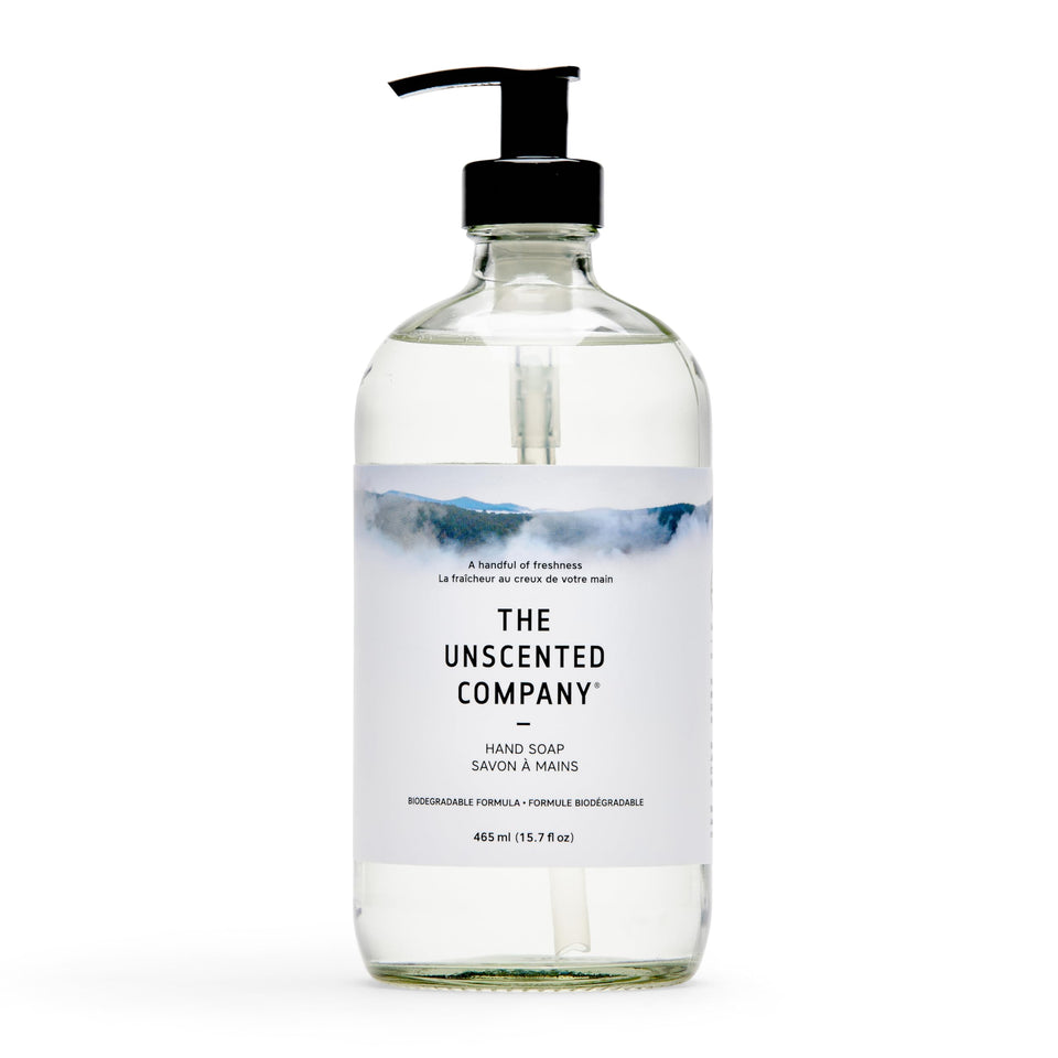 The Unscented Company front glass bottle showing label and pump for clean aesthetic