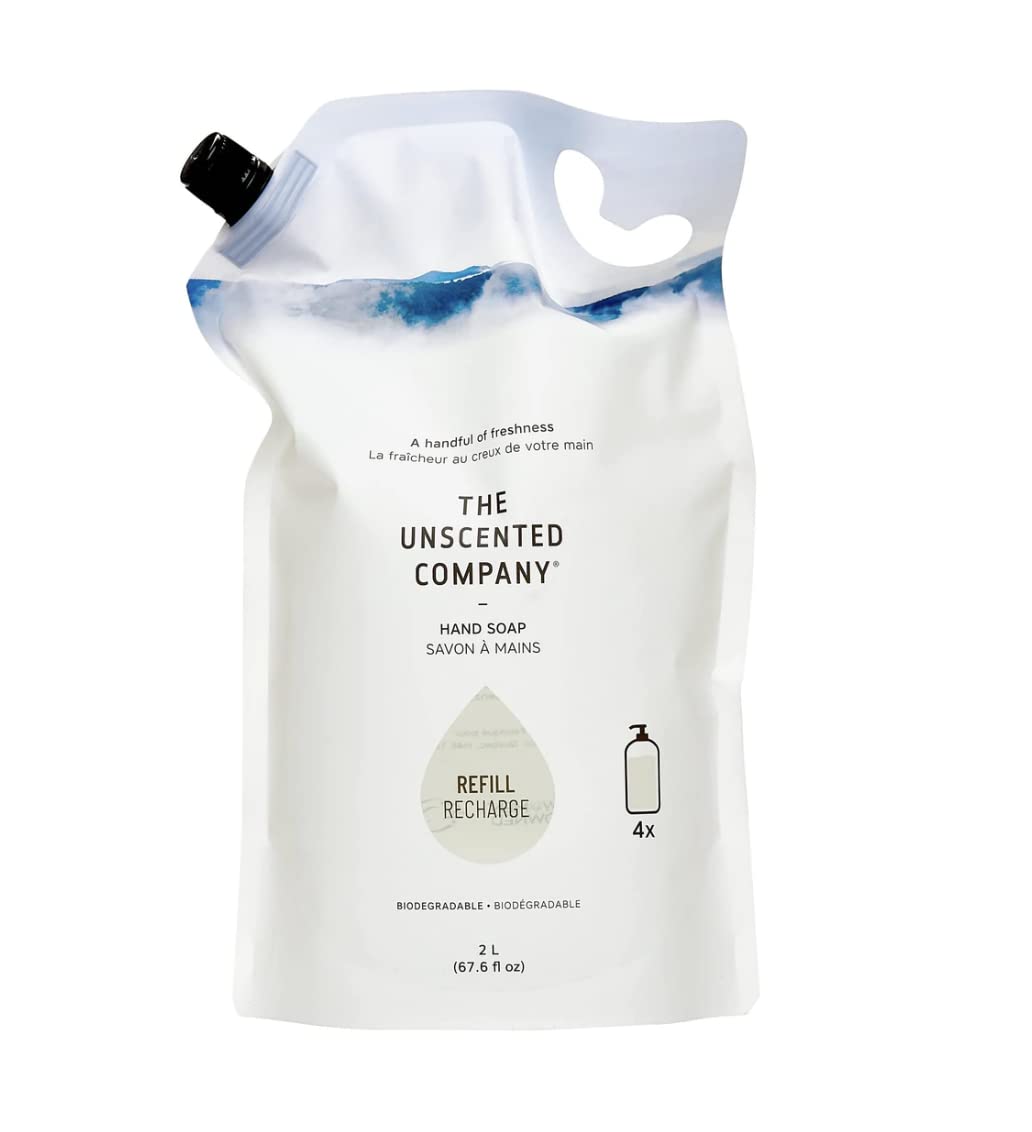 The Unscented Company refill front packaging showing 2 L pouch and label benefits