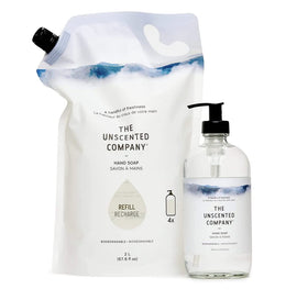The Unscented Company refill beside a standard pump bottle to show 2 L scale