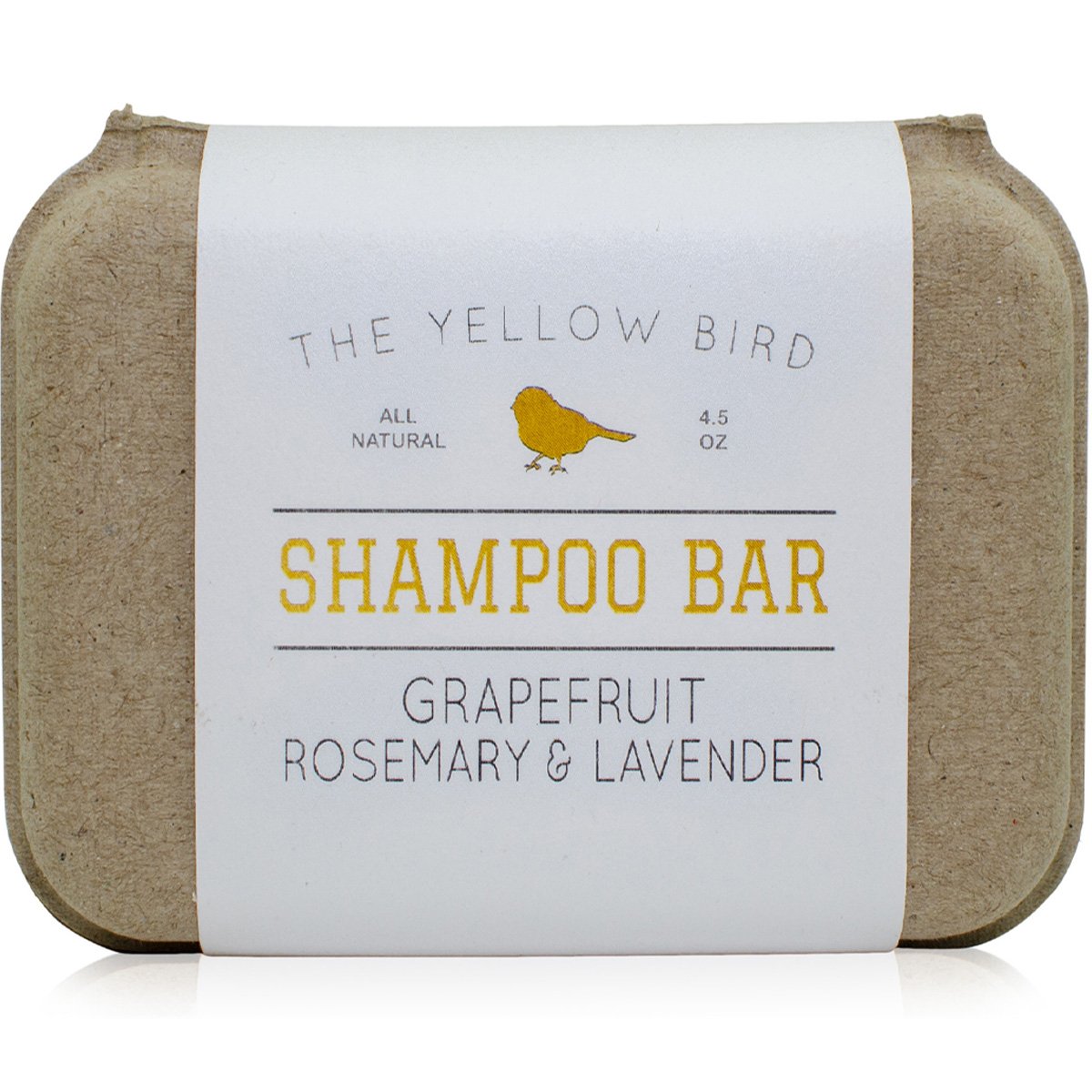 The Yellow Bird front bar shampoo showing clean shape and label, conveys gentle cleansing