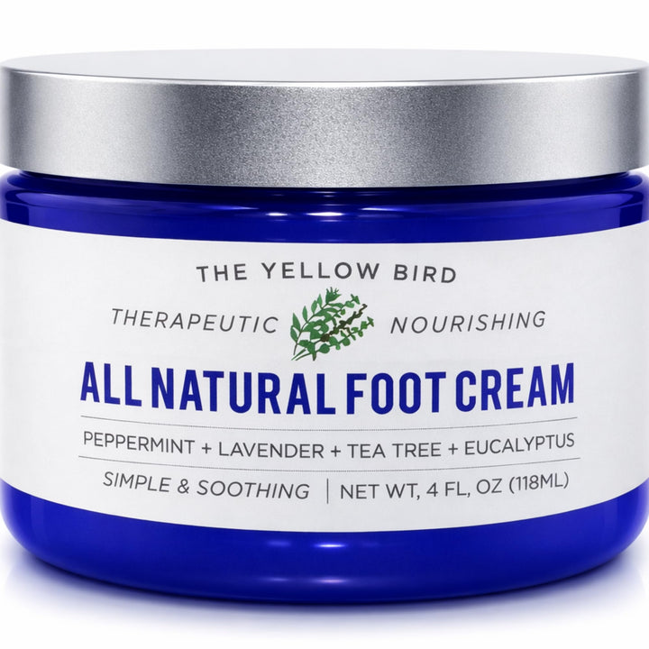 The Yellow Bird front jar showing label and natural foot care benefit