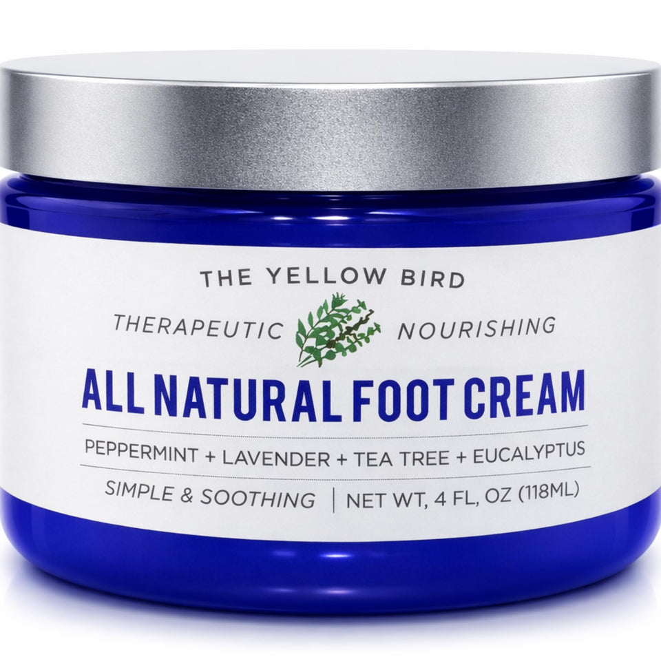The Yellow Bird front jar showing label and natural foot care benefit