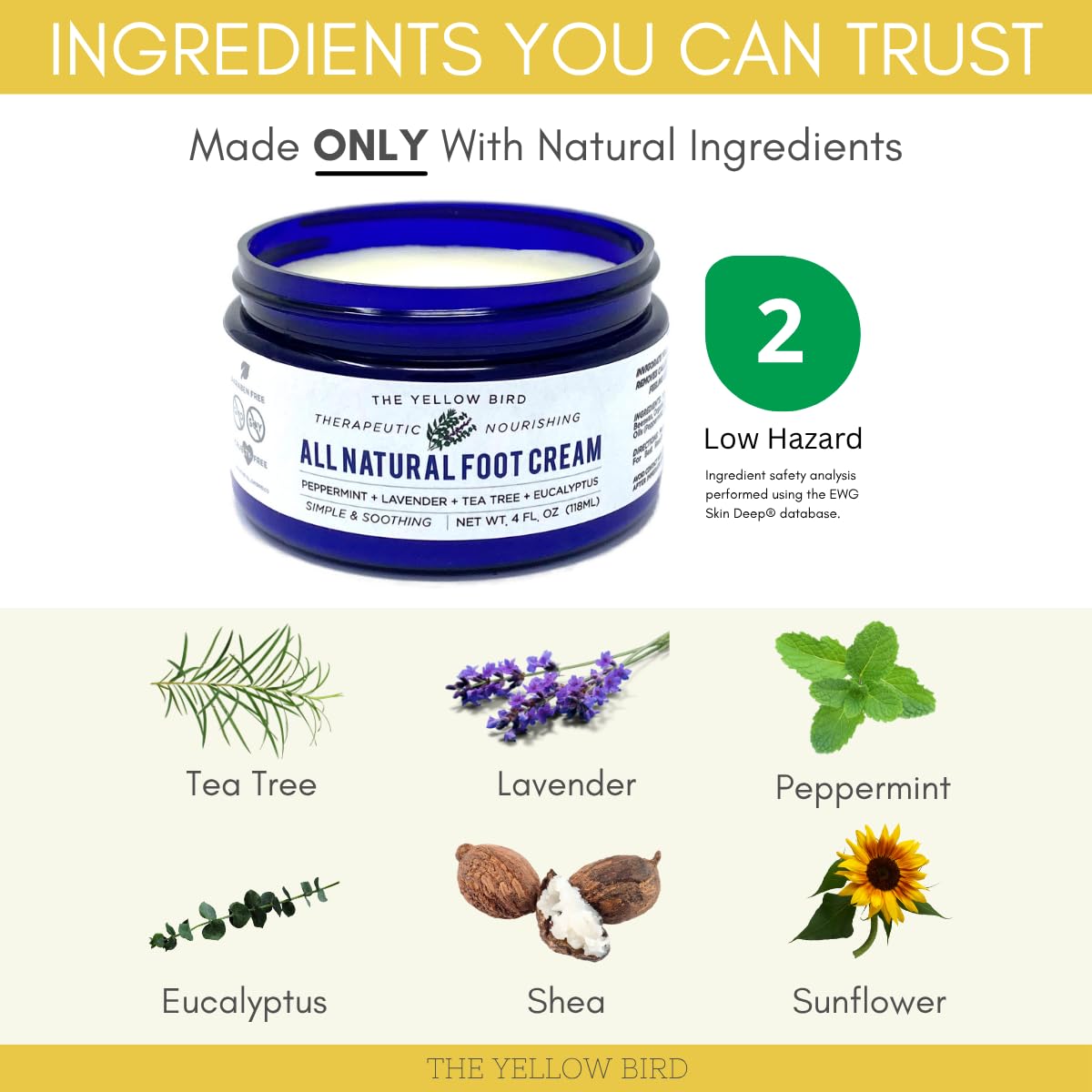 The Yellow Bird ingredient layout with shea, coconut, beeswax for nourishment