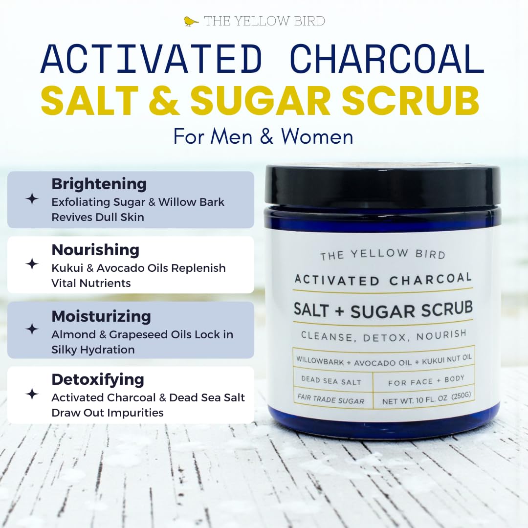 The Yellow Bird close-up scrub texture showing charcoal grains and exfoliant action