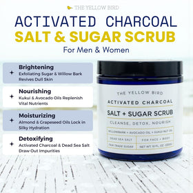 The Yellow Bird close-up scrub texture showing charcoal grains and exfoliant action