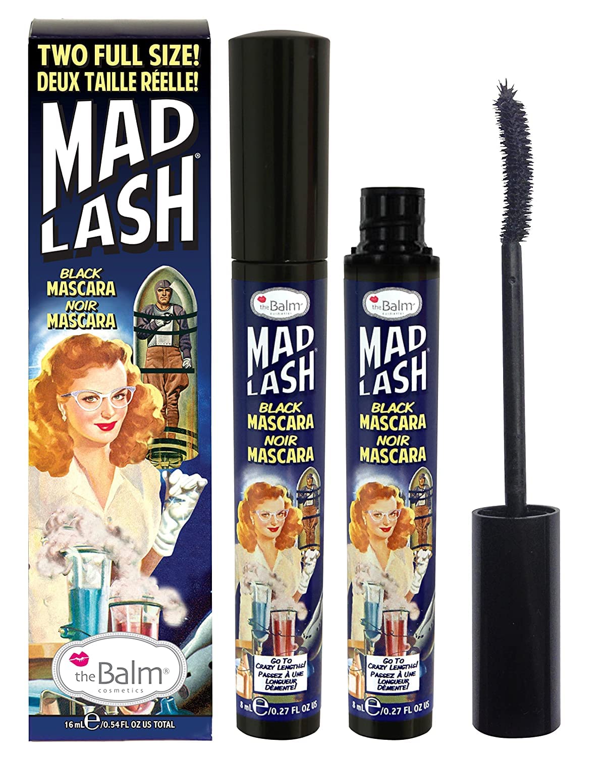 theBalm Mad Lash front view showing two full-size tubes and packaging benefits