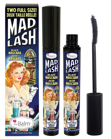 theBalm Mad Lash front view showing two full-size tubes and packaging benefits